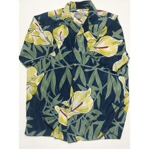 Island Style  Hawaiian Shirt Large‎ Blue Yellow Floral Short Sleeve Button Up